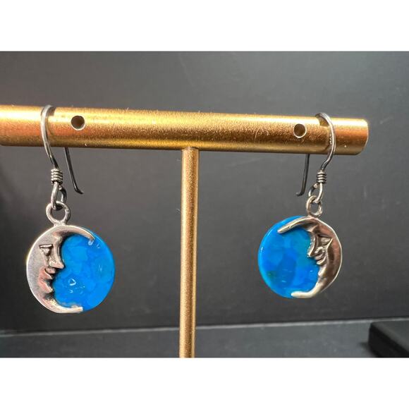 Vintage Sterling Silver Crescent Moon Blue Stone Dangle Earrings - Picture 7 of 8